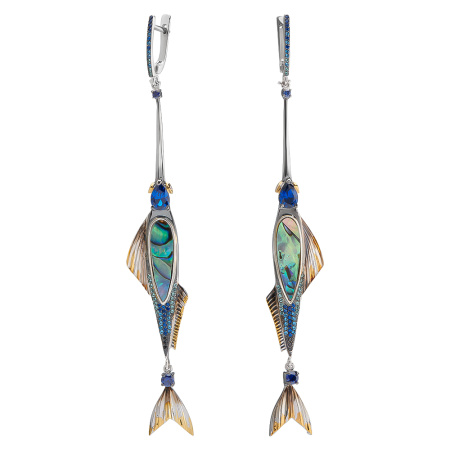 Серьги из серебра с перламутром и фианитами «Рыбка»