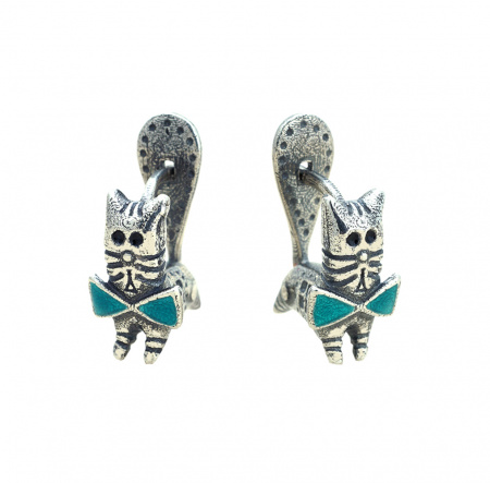 Серьги из серебра с зеленой эмалью «Котики»