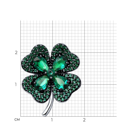 Брошь из серебра с фианитами «Клевер» четырехлистник