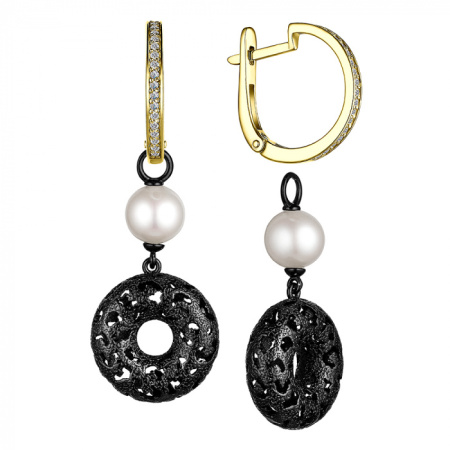 Серьги из серебра с жемчугом и фианитами в позолоте