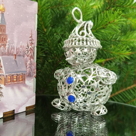 Серебряная елочная игрушка «Снеговик»