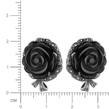 Серебряные серьги с черным ониксом и марказитами Swarovski