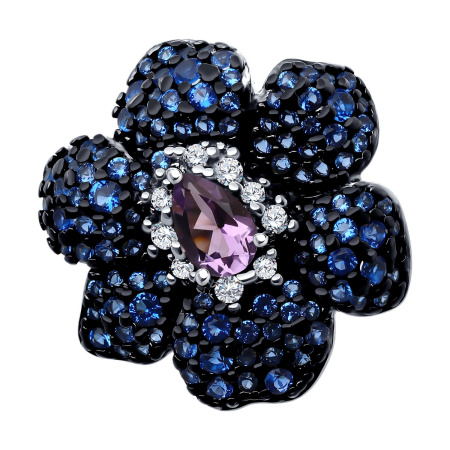 Серебряное кольцо с аметистом и фианитами «Цветок»