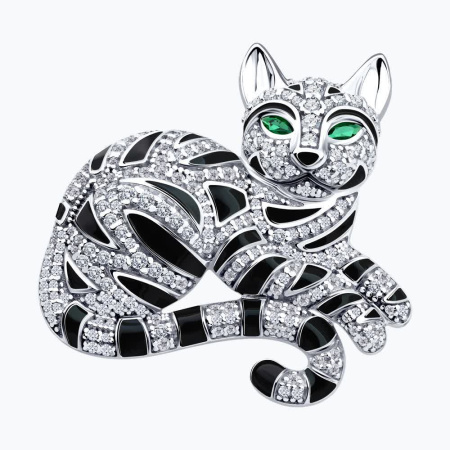 Серебряная брошь с эмалью и фианитами «Кошка»