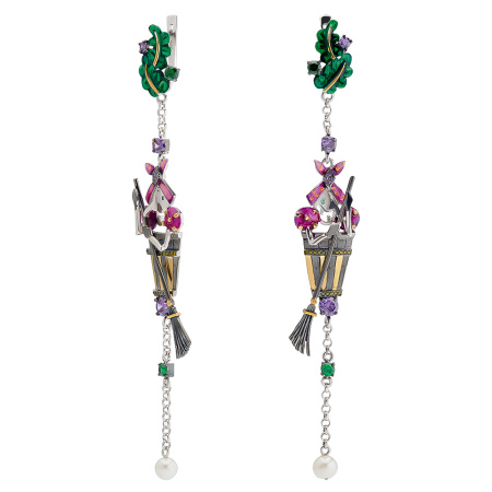 Серьги из серебра со шпинелью, фианитами и жемчугом «Баба яга»
