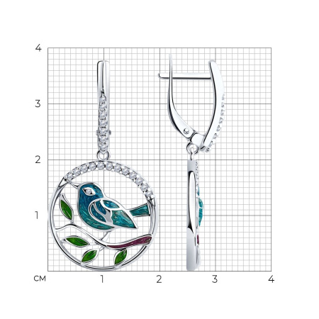 Серьги из серебра с фианитами и эмалью «Птичка»
