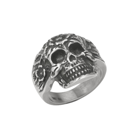 Серебряное мужское кольцо «Череп и цветы»