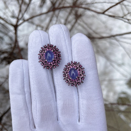 Серьги из серебра с сапфирами и танзанитом