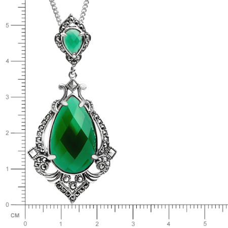 Серебряный кулон на цепи с зелеными агатами и марказитами Swarovski