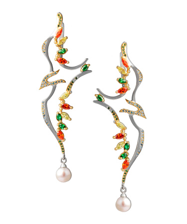 Серьги из серебра с жемчугом и фианитами «Птица»