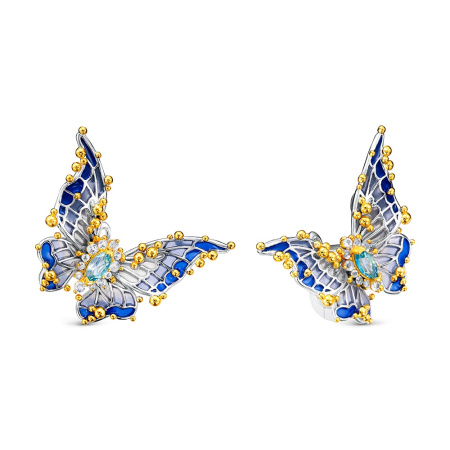 Серьги из серебра с топазами, эмалью в позолоте «Бабочка»