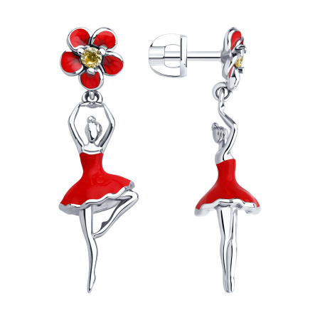 Серьги-пуссеты из серебра с эмалью и фианитами «Балерина»