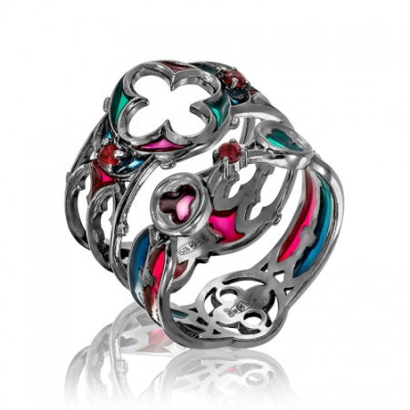 Серебряное кольцо с эмалью и гранатом