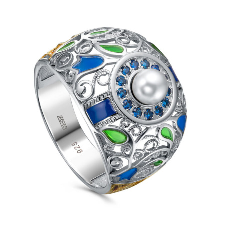Кольцо из серебра с фианитами и жемчугом