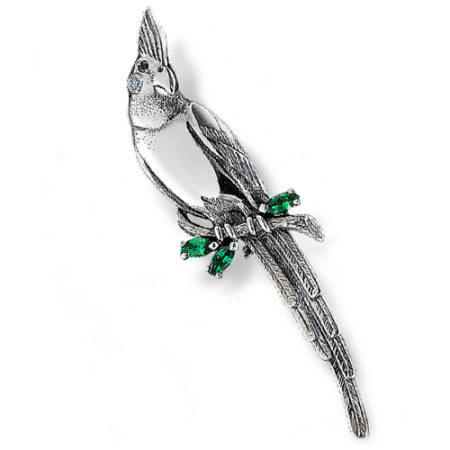 Брошь из серебра «Попугай» с фианитами