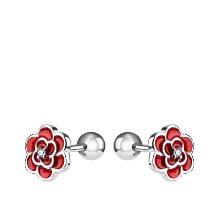 Серебряные серьги-пусеты с эмалью и фианитом «Цветок»