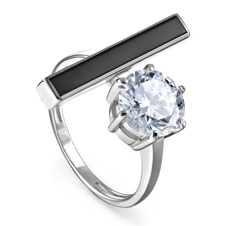 Серебряное кольцо с фианитом и эмалью «Точка-тире»