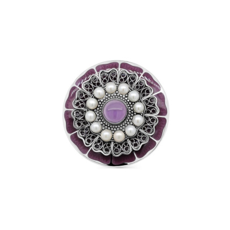Брошь из серебра с жемчугом, эмалью и кварцем