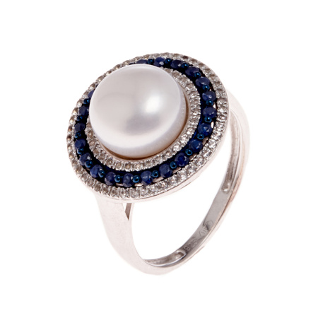 Кольцо из серебра с жемчугом, топазами и сапфирами