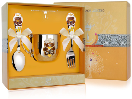 Серебряный набор «Мишка» кружка, ложка и вилка