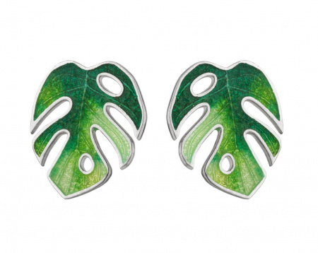 Серьги гвоздики «Монстера» с эмалью