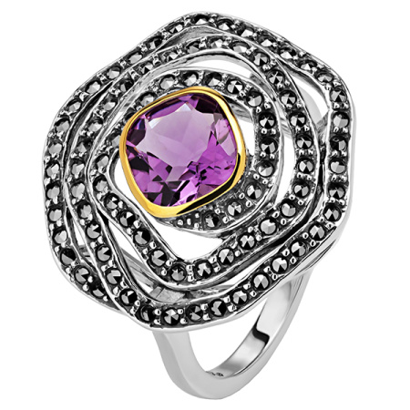 Серебряное кольцо с аметистами, марказитами Swarovski и позолотой