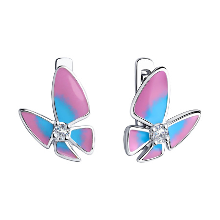 Серебряные детские серьги с эмалью и фианитами «Бабочки»