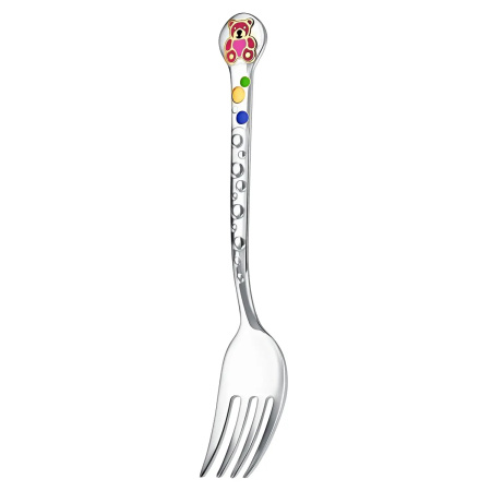 Серебряный детский тактильный набор «Медвежонок» с малиновой эмалью ложка и вилка