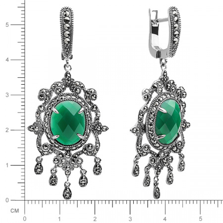 Серебряные серьги с зеленым агатом и марказитами Swarovski