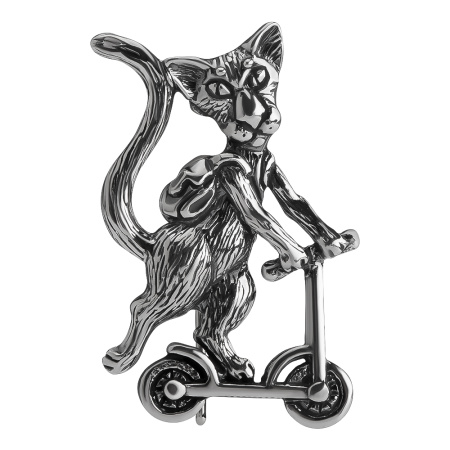 Брошь из серебра 925 Самокот кот на самокате