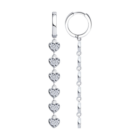 Длинные серебряные серьги с фианитами «Сердце»