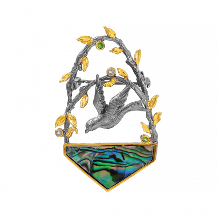 Серебряная брошь-подвеска птица с жемчугом Абалон и топазом