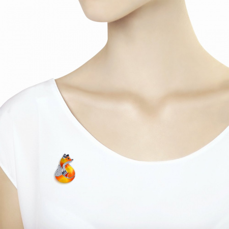 Брошь из серебра «Лиса» с эмалью и фианитами