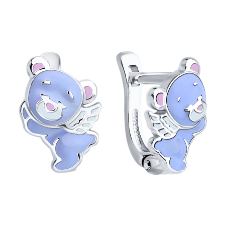 Серьги детские из серебра с эмалью Мишка