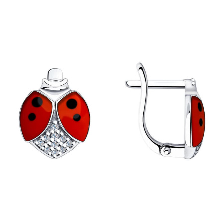 Детские серебряные серьги с эмалью и фианитами «Божья коровка»