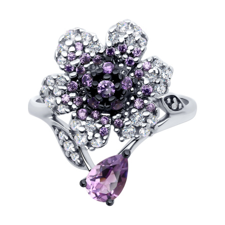 Кольцо из серебра с аметистом и фианитами «Цветок»