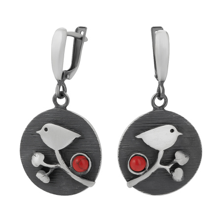 Серебряные серьги с кораллом «Птица»