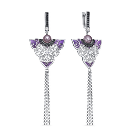 Серьги из серебра с жемчугом, шпинелью, фианитами и эмалью