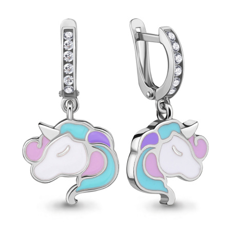 Детские серебряные серьги с эмалью «Единорог»