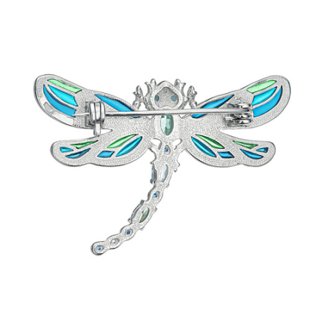 Брошь из серебра «Стрекоза» с витражной эмалью, топазами и зелеными кварцами