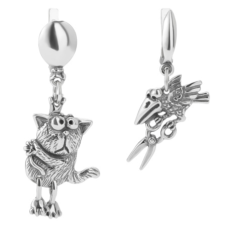 Серебряные серьги «Па-а-берегис-сь! Кот и ворона»