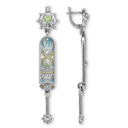 Серьги из серебра с фианитами, эмалью и хризолитами