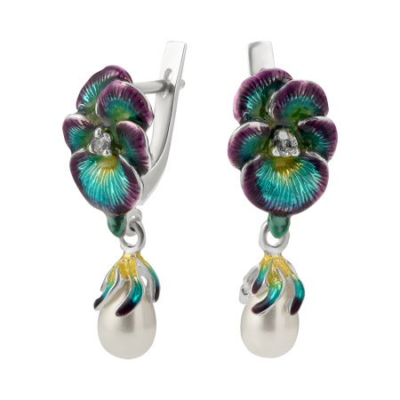 Серьги из серебра с эмалью «Фиалки»