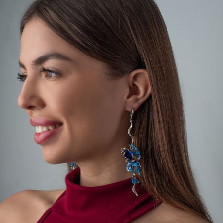 Серебряные серьги с фианитами и эмалью «Рыбки»