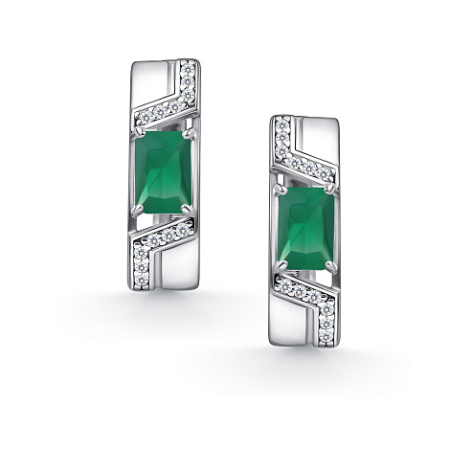 Серьги из серебра с зелёным агатом и фианитами