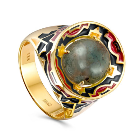 Кольцо из серебра с агатом и эмалью в позолоте