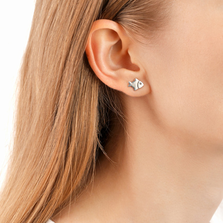 Серьги пуссеты серебряные «Кот с рыбой»