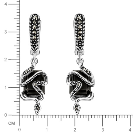 Серебряные серьги с черным ониксом и марказитами