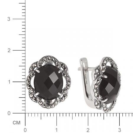 Серебряные серьги с черным ониксом и марказитами Swarovski