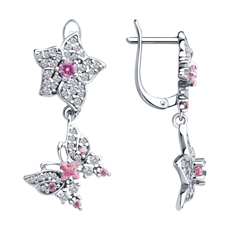 Серьги из серебра с фианитами «Бабочка на цветке»